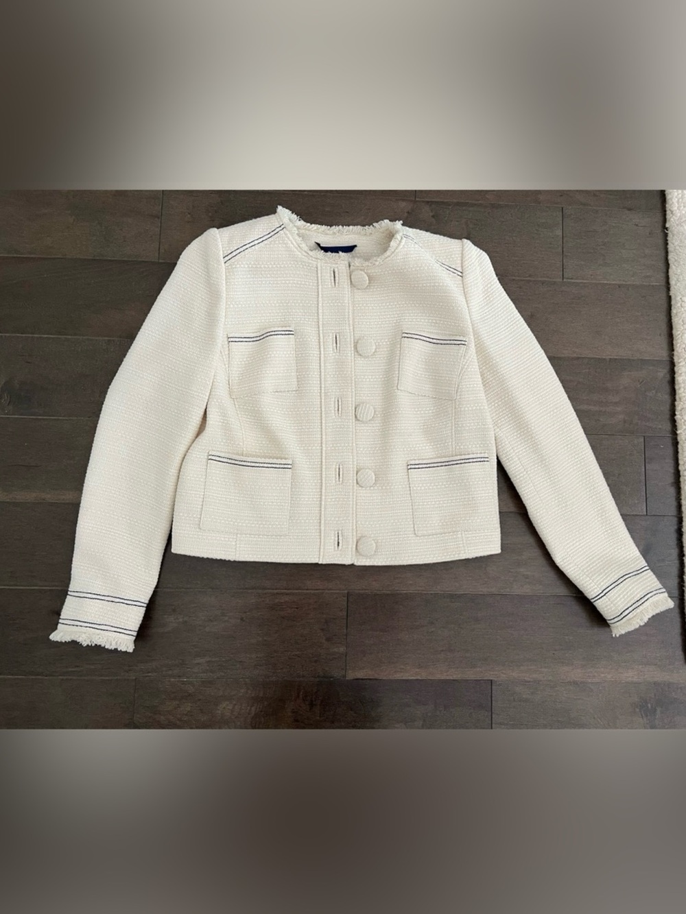 Boden Cream Tweed Button-Front Cropped Jacket with Navy Trim